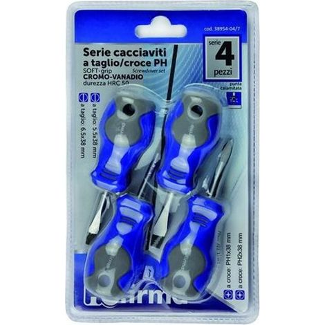 Hufirma 3895404 Serie Cacciaviti Nani CRV Set 4 Pezzi Taglio Croce PH Soft-Grip Punta Calamitata colore Azzurro