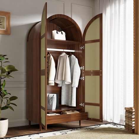 Armoire 180 cm avec 2 Portes Courbées, Style Classique, Dressing Chambre, avec Portes en Ratten, Penderie et Tiroirs pour Vêtements, Noyer (1/5)