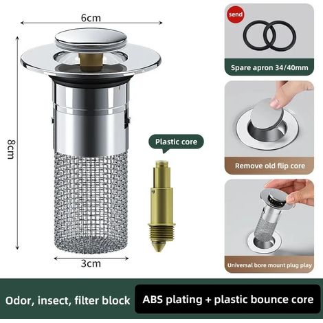 (B80 plastic core)Washbasin Plug Anti Odor Pop-Up Bounce Core Basin Stopper Hair Catcher Shower Sink Strainer Stainless Steel Filter Bouncing Core (1/4)
