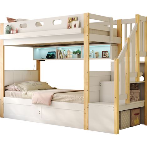 CHICFURN Letto a castello bambini 90x200+90x200 cm, legno bianco, LED, USB (1/5)