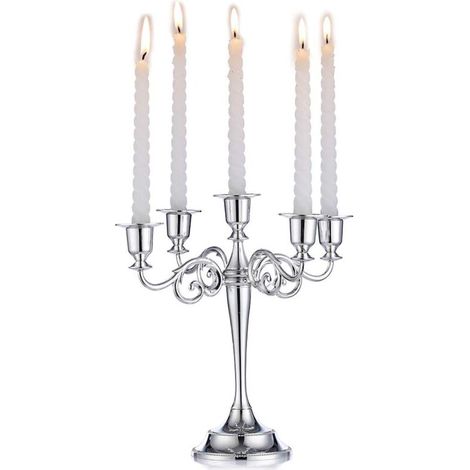 Porte-bougies en forme de candélabre argenté. Porte-bougies à 5 branches. Hauteur : 27 cm. Convient aux bougies coniques pour les centres de table, les fêtes d’anniversaire, les mariages, les tables à (1/5)