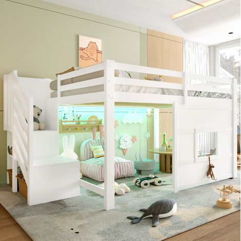 Hochbett 140x200 cm aus Kiefer und MDF in Weiß, mit Stauraumtreppe, Fenster und LED (1/5)