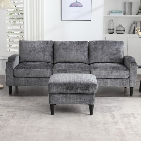 Sofa aus Chenille Grau 196,5 cm 4-Sitzer mit Hocker, Stauraum, Getränkehaltern und Seitentaschen (1/5)