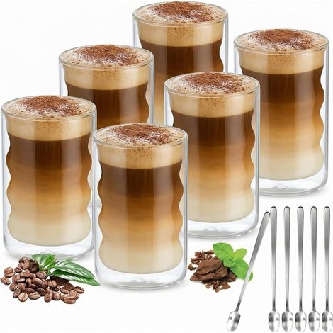 Lot de 6 verres à latte macchiato à double paroi - 400 ml - Avec 6 cuillères - Verres à café à double paroi - En verre borosilicate (1/5)