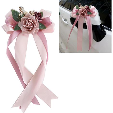 Lot de 4 Nœuds, Décoration voiture mariage, Fleur artificielle soie, Poignée porte rétroviseur, Ventouses incluses
