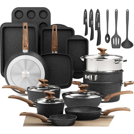 Set of 30 Non-Stick Induction Saucepan and Frying Pan Set for Cookware, Crepe Pancakes, PFA-Free, PFOA-Free, Glass Lids (1/5)