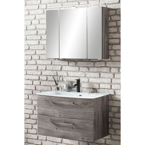 Waschplatz Set 2-teilig 80cm in Eiche Ribbeck TRONDHEIM-03 80cm inkl. Glas-Waschtisch in weiß, 3D Spiegelschrank, B/H/T: ca. 80/200/49cm (1/5)
