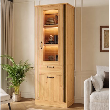 Vitrinenschrank 62 x 41 x 180 cm mit Spiegeltür, App-LED und Schublade, Natur OKMYHOME (1/5)