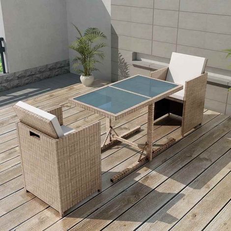 vidaXL Mesa y sillas bistró de jardín 3 pzs y cojines poli ratán beige (1/5)