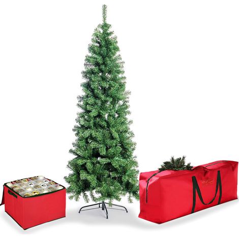 Set Albero di Natale artificiale SLIM alto 180 cm con Borsone e Porta palline Rosso - Abete Verde in PVC con 479 Rami con effetto Realistico (1/5)