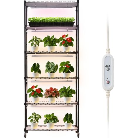 VEVOR Pflanzenregal mit Wachstumslicht, 6-stufiger Pflanzenständer mit Rädern und 4/9/14-Stunden-Timer, 150 W 3-Farben-Vollspektrum-Lichter, Blumenregal für die Samenanzucht, 75x35x180 cm (1/5)