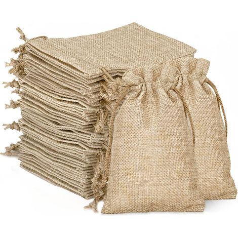 Lot de 100 sachets en lin naturel 12x 9cm – Cordon de serrage pour emballage cadeau – Rangement clés, bijoux, bonbons-DELKEVIC