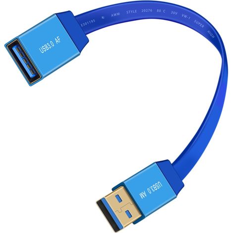 Rallonge USB Plate 5Gbps USB 3.0 Extension Cable Plate 12 V 3 A pour Appareils Tels Que Disques Durs, Clés USB, Scanners, Etc (Blue, 0.3 m) (1/5)
