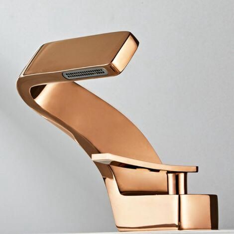 Robinet de lavabo en or rose, mitigeur cascade monocommande pour une salle de bains moderne et élégante (1/5)