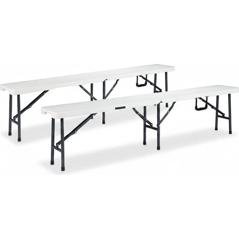 Lot de 2 bancs pliants confortables extérieur intérieur 42,5 x 181 x 25 cm en plastique blanc (1/3)