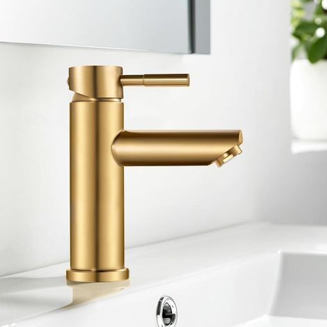 Robinet Mitigeur Lavabo Doré pour Salle de Bain - Design Moderne Bas - Mixeur Eau Chaude/Froide avec Bonde - Sans Tuyau d'Arr (1/5)