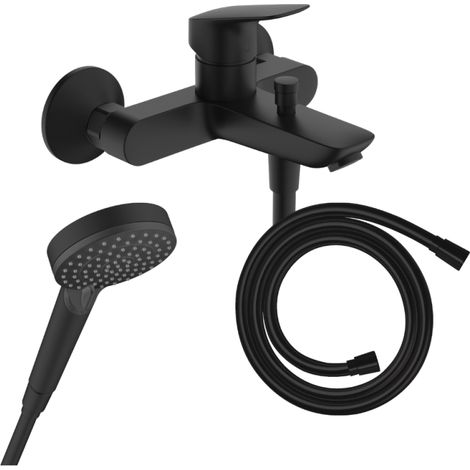 Pack mitigeur bain douche HANSGROHE Logis + Flexible Isiflex + Pommeau HANSGROHE Vernis Blend 100 Vario noir mat