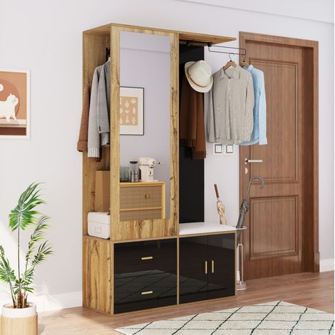 Garderobenschrank 100x38x180 cm Schwarz/Natur aus Spanplatte mit Spiegel, Sitzbank und Schuhaufbewahrung (1/5)