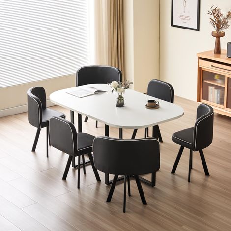 Penelope 150cm Square Table Top WHITE with 6 Black Chairs