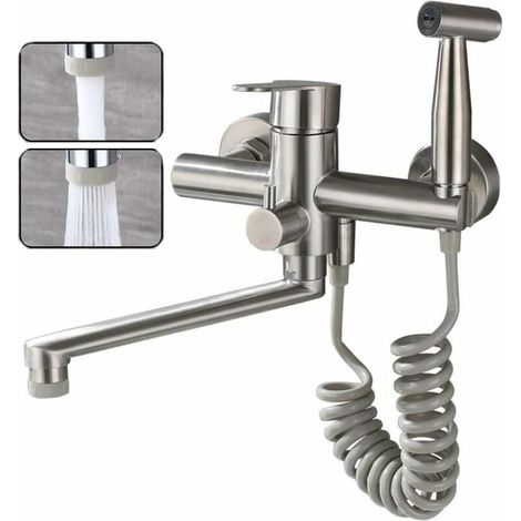 Rubinetto da cucina a parete FOREHILL in acciaio inox 304 per uso alimentare con doccetta estraibile e doppio getto – finitura nichel spazzolato.