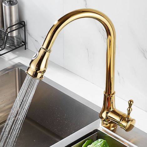 Gold Brass Pull Out Kitchen Faucet Hot and Cold Sink Mixer Tap 360° Rotatable Telescopic Faucet