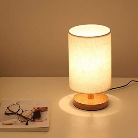 Lampe de Table de Chevet Ronde Lampe de Chevet avec Abat-Jour en Tissu et Bois pour Chambre à Coucher, Bureau Moderne de Salon H281