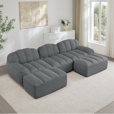 Divano modulare a U in tessuto effetto fleece granulato grigio, 3 posti con 2 pouf componibili (1/5)