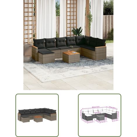 The Living Store 9-tlg. Garten-Sofagarnitur mit Kissen Grau Poly Rattan - Gartenmöbel Set - Esstisch - Lounge Möbel - Outdoor Sofa - Rattan Gartenmöbel (1/3)