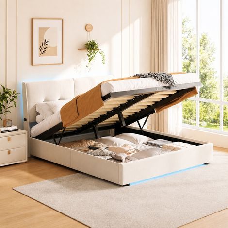 Lit coffre 160x200 cm velours beige, lit rangement hydraulique avec tête de lit rembourrée LED, sommier à lattes 350KG, moderne pour chambre appartement