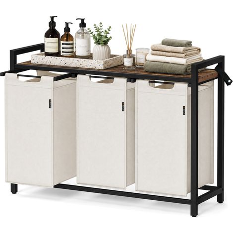 Roxlin Wäschekorb mit 3 Fächern 120L – Wäschesortierer mit Ablage & Metallgestell, Schmutzwäschekorb Wäsche Organizer für Bad, Schlafzimmer & Waschküche - Creme (1/5)