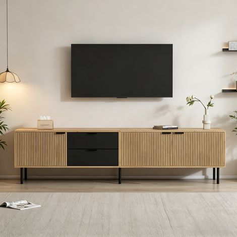 Meuble TV bas moderne - Rangement - 208x40x48 cm - 3 portes et rangements - Panneau particules - Naturel (1/5)