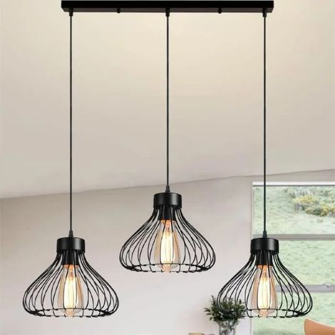 U-Do Lustre Suspension Luminaire Ajustable Vintage 3 Douille Lampe de Plafonde Cage en Métal Lustre Longue Pôle Noir pour Chambre (1/4)