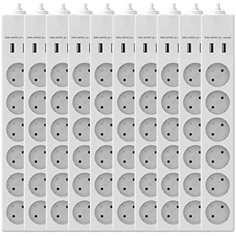 Garza Power - Pack de 10 Regletas enchufes múltiple de 6 tomas con 2 USB. Base múltiple ladron enchufes con cable Schuko de 1,4 metros.