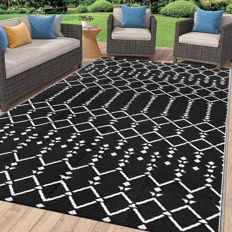 Tapis de Plein Air, 120 x 180 cm, sucettes en plastique réversibles et imperméables, tapis extérieur boho, tapis de sol extérieur pour patio, jardin, terrasse, pique-nique, plage, camping, noir (1/5)