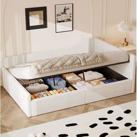 Sofá cama tapizado en lino beige, de 140x200 cm, con espacio de almacenamiento debajo. (1/5)