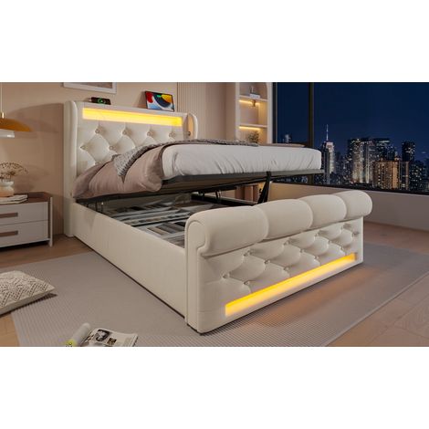 MEUBLIV Bett 90x200 cm Beige - LED, Stauraum und USB/Type-C, mit Matratze (1/5)