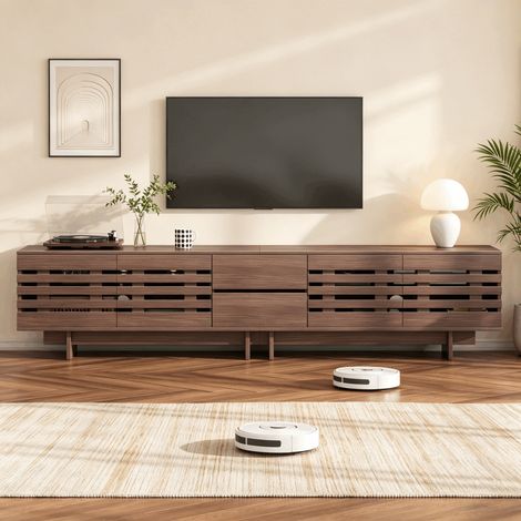 Meuble TV bas 200 x 39,5 x 55 cm pour TV 80 pouces, 4 portes à lattes, 2 tiroirs, 6 rangements, passe-câbles, effet noyer (1/5)