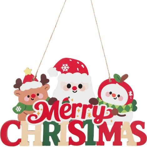 Panneau suspendu en bois « Joyeux Noël » - Décoration festive avec Père Noël, rennes et bonhomme de neige, à accrocher à la porte d'entrée ou au mur pour une maison de campagne rustique, décorations d (1/5)