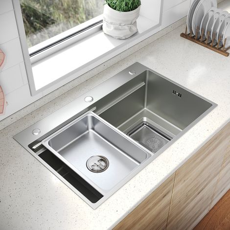 SONNI 304 SUS Edelstahl Küchenspüle mit 1 Becken, Einbecken Unterbauspüle mit Abtropfkorb Rechteckigem Abfallsieb 3 Loch Breitkante, Silber, 70×45cm