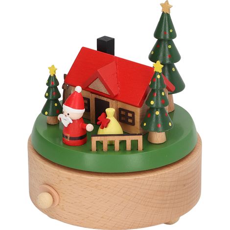 Boîte à musique rotative en bois, fond rond, maison du Père Noël, boîte à musique de Noël décorative en bois, fond rond, maison du Père Noël (1/5)
