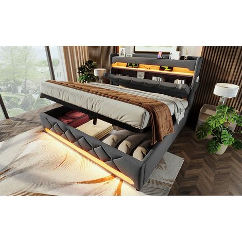 Lit double de 180×200. Espace de rangement au sommet du lit, avec ports USB et Type C. Fonction LED autour de la tête et des pieds du lit. Espace de rangement hydraulique. Couleur gris. Tissu en lin ( (1/5)