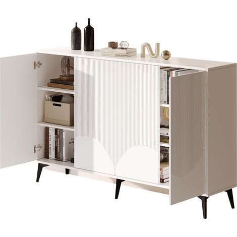 Sideboard mit 4 Türen und Verstellbaren Einlegeböden, Metallbeinen, für Wohnzimmer, aus Spanplatte 160×35×100 cm Weiß (1/5)