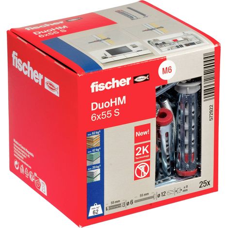 Fischer – Cheville pour corps creux 6x55 mm – Charge élevée jusqu'à 10 mm – Montage rapide sans outil – Lot de 25 pièces