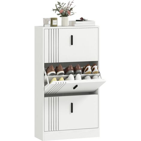 Zapatero con 3 puertas abatibles, capacidad para 18 pares, amplio espacio de almacenamiento de madera, 63 x 24 x 117 cm, blanco (1/5)