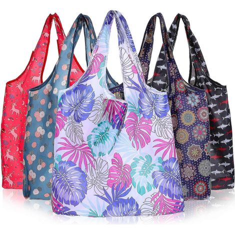 Sacs à provisions compatibles, lot de 5 sacs fourre-tout pliables et réutilisables en polyester (1/5)