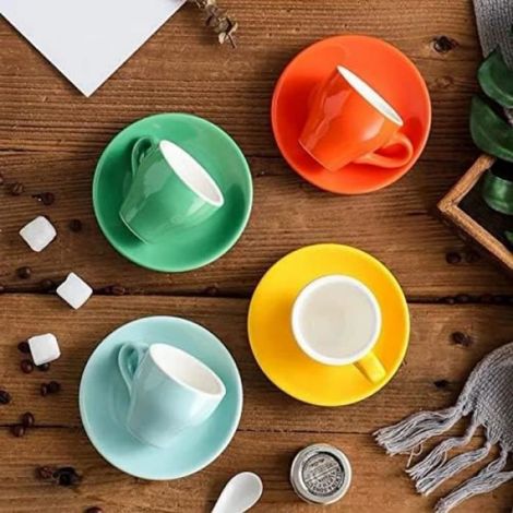 Tasses en céramique - Marque - Tasse à expresso en porcelaine avec soucoupe - Capacité 80 ml - Blanc (1/4)