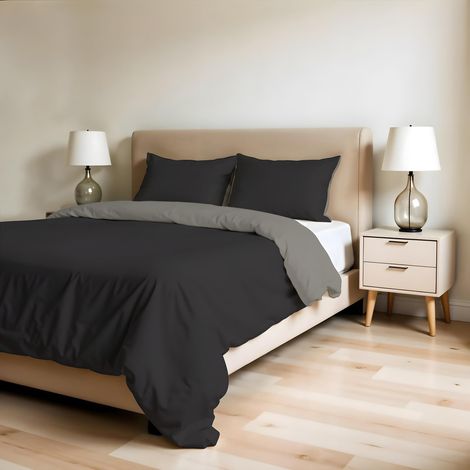 Housse de Couette Double, Uni Doubleface, Parure de Couette, avec Housse de Couette 250x200cm avec Rabat 50cm + 2 taies d'oreiller 50x80cm Chocolat/Sable (1/5)