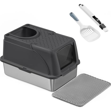 Bac à Litière pour Chat, en Acier Inoxydable, avec Couvercle Basculant, Grande Taille, Design Étanche, Pelle, Brosse, Double Entrée, pour Chats Jusqu'à 15 kg, Noir d'Encre (1/5)