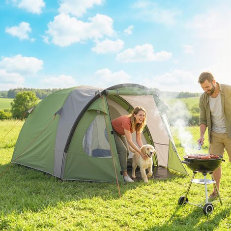 Tente de camping pour 4 personnes fenêtres et portes tapis de sol vert 2 chambres crochet au plafond 323x248x150cm conception robuste