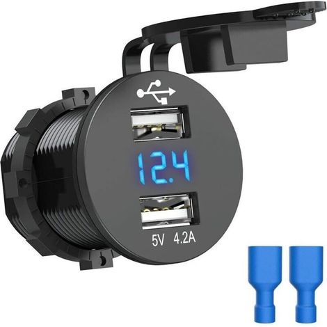 Prise Femelle de Voiture USB de 12V Chargeur de Voiture de 5V Chargeur Etanche de 4.2A de USB KFZ Double adapteur d'allume-Cigare de Voiture avec Le voltmetre numerique pour Le Moto -RAPANDA (1/5)